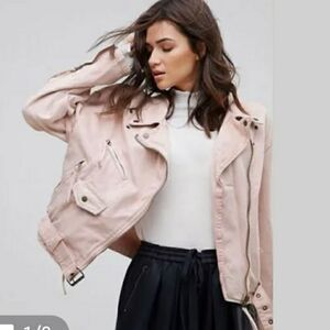 Free People pink belted motto jean denim jacket XS